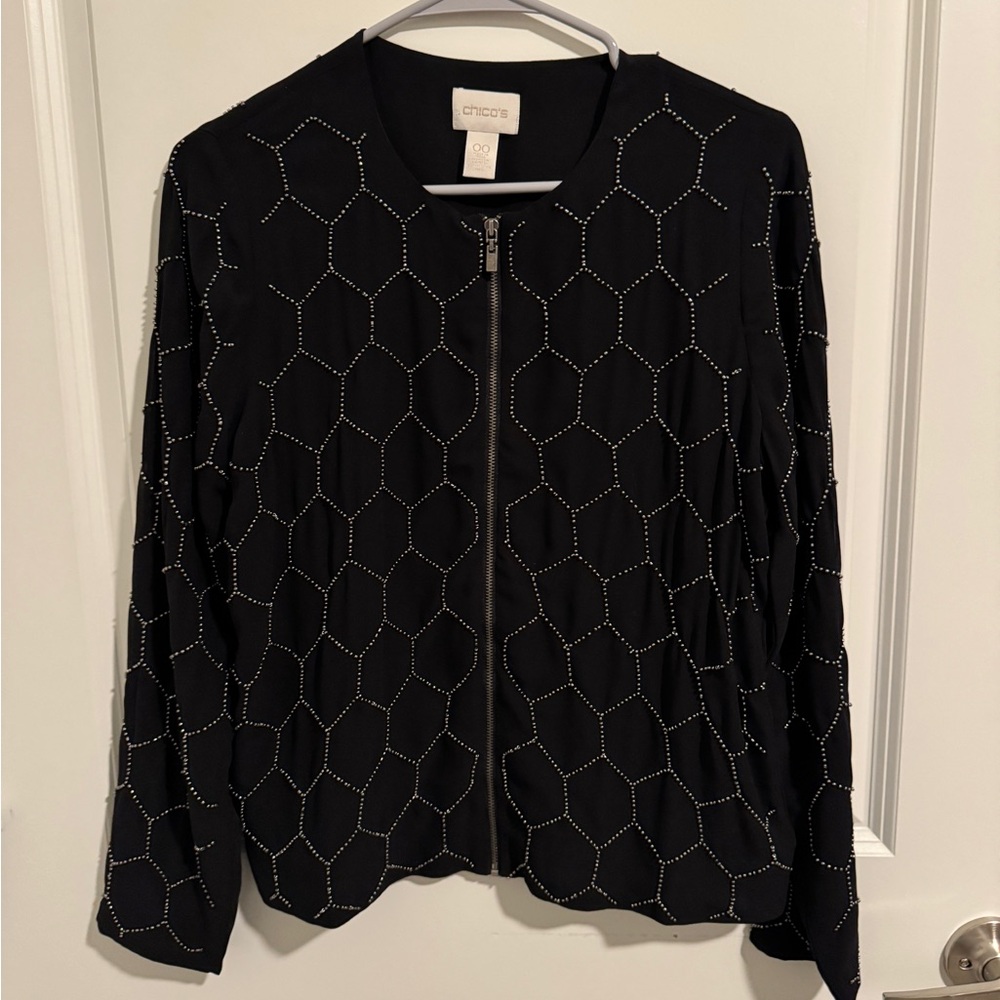 Chico’s black beaded bomber jacket, black silky long sleeve zip-up blazer, Sz 0